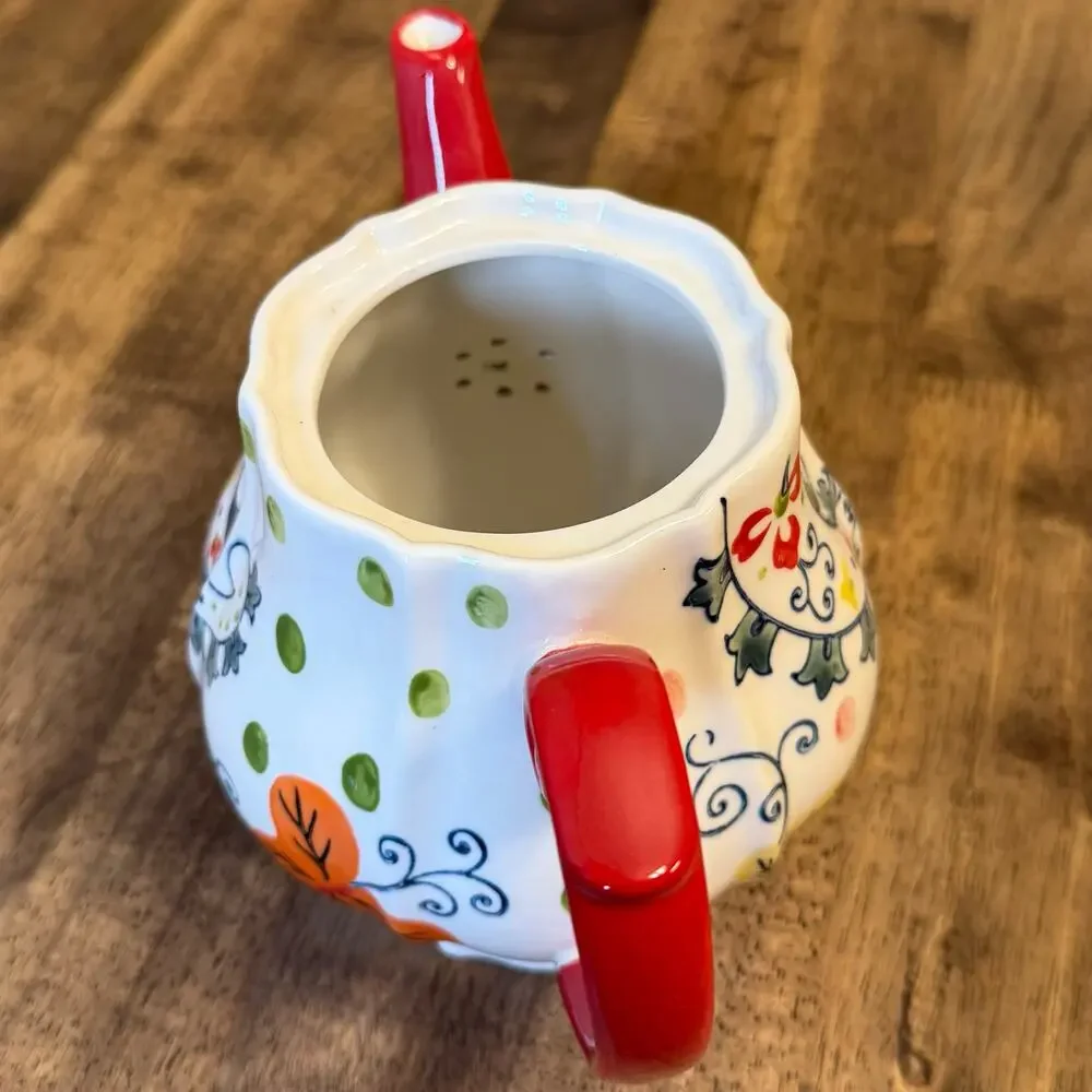 Pier 1 Imports Teapot + Creamer Paisley Flowers Stoneware Handpainted Red White